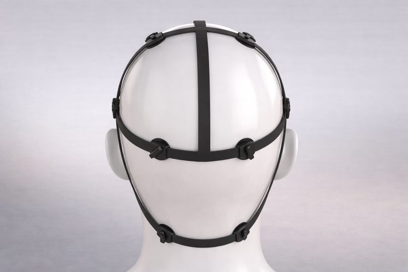 Concept rendering of The Vise, rear view: a vertical center strap, a horizontal band and pressure pads at the back of the head