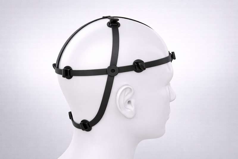 Concept rendering of The Vise headgear, side view: black adjustable straps with pressure pads around a white mannequin head